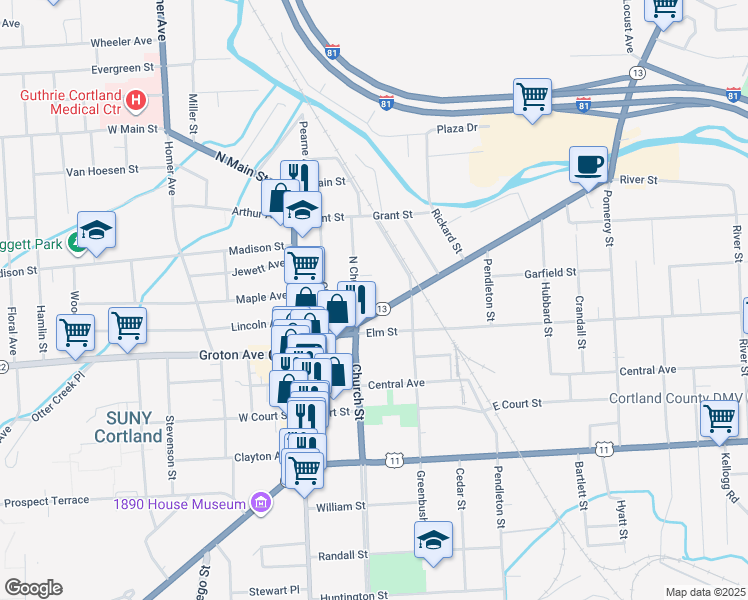 map of restaurants, bars, coffee shops, grocery stores, and more near 46 Clinton Avenue in Cortland