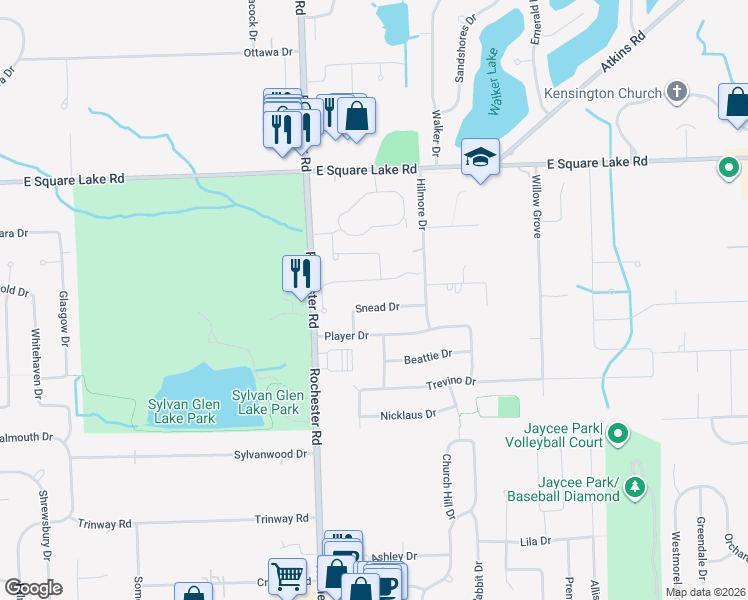 map of restaurants, bars, coffee shops, grocery stores, and more near 1111 Snead Drive in Troy