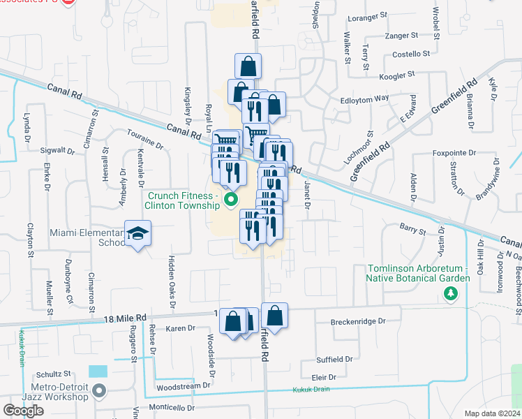 map of restaurants, bars, coffee shops, grocery stores, and more near 41168 Garfield Road in Charter Township of Clinton