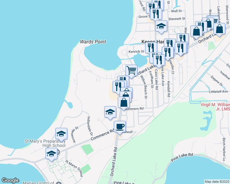map of restaurants, bars, coffee shops, grocery stores, and more near 3232 Orchard Lake Rd in Orchard Lake Village