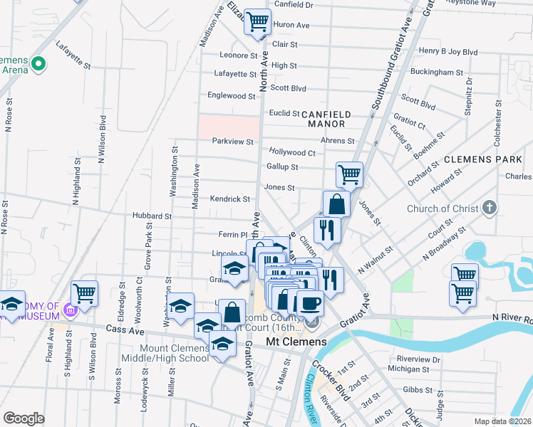 map of restaurants, bars, coffee shops, grocery stores, and more near 160 Market Street in Mount Clemens