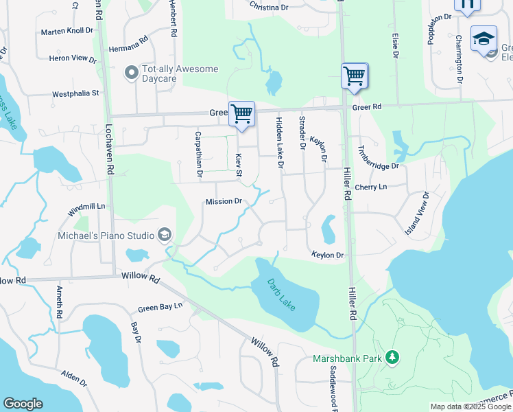 map of restaurants, bars, coffee shops, grocery stores, and more near 6131 Mission Drive in West Bloomfield Township