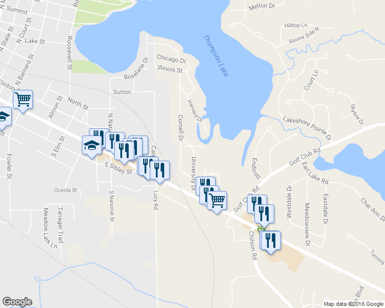 map of restaurants, bars, coffee shops, grocery stores, and more near 179 University Drive in Howell