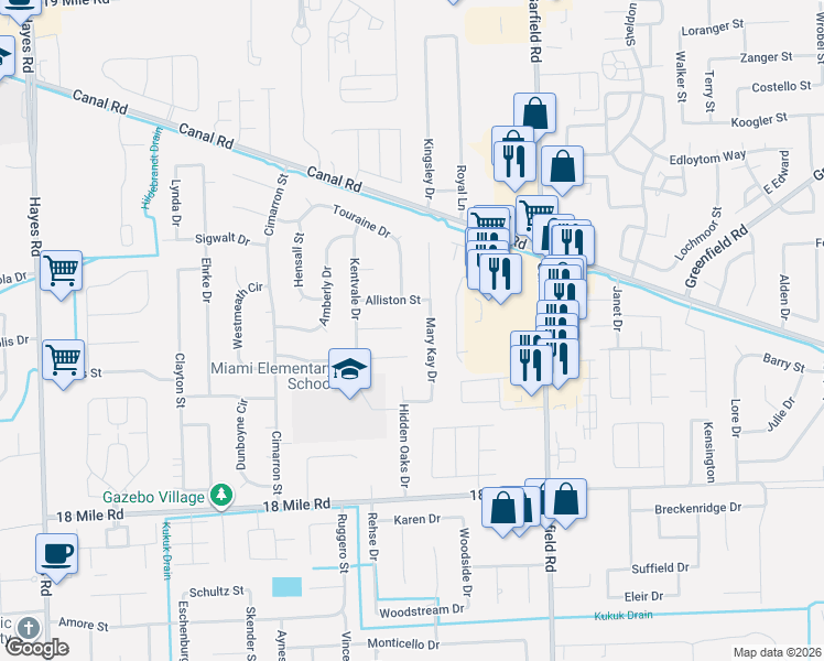 map of restaurants, bars, coffee shops, grocery stores, and more near 41701 Mary Kay Drive in Clinton Township