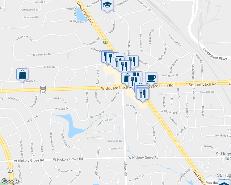 map of restaurants, bars, coffee shops, grocery stores, and more near 60 Devon Road in Bloomfield Township