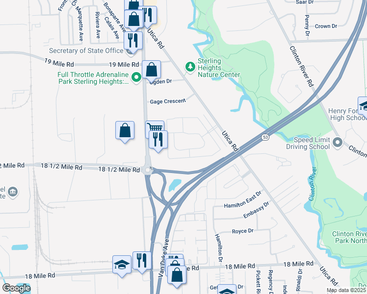 map of restaurants, bars, coffee shops, grocery stores, and more near 42237 Parkside Circle in Sterling Heights