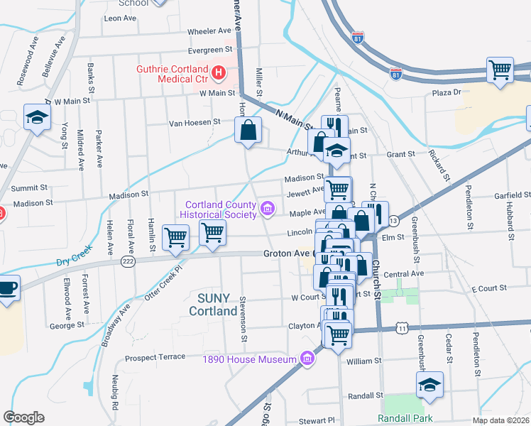 map of restaurants, bars, coffee shops, grocery stores, and more near 30 Homer Avenue in Cortland