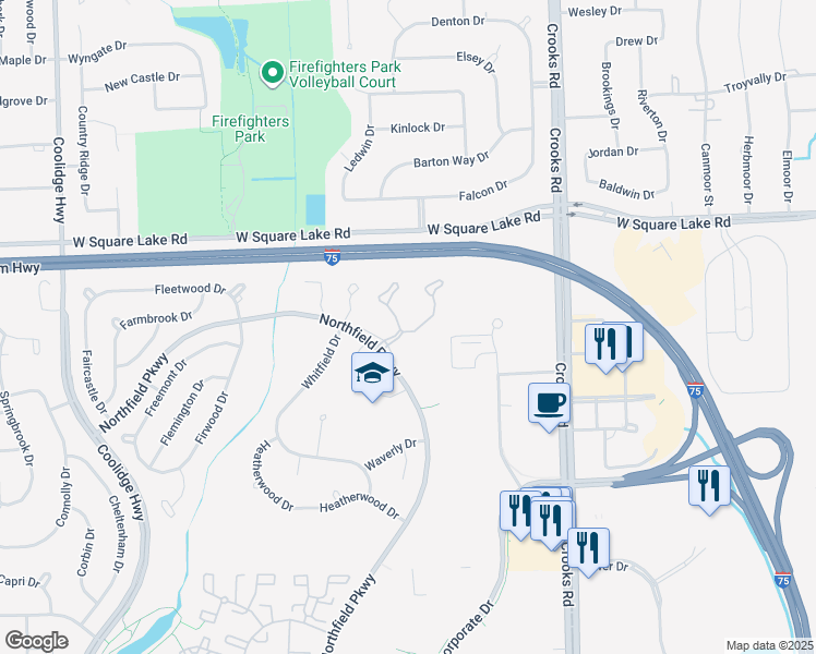 map of restaurants, bars, coffee shops, grocery stores, and more near 1305 Autumn Drive in Troy