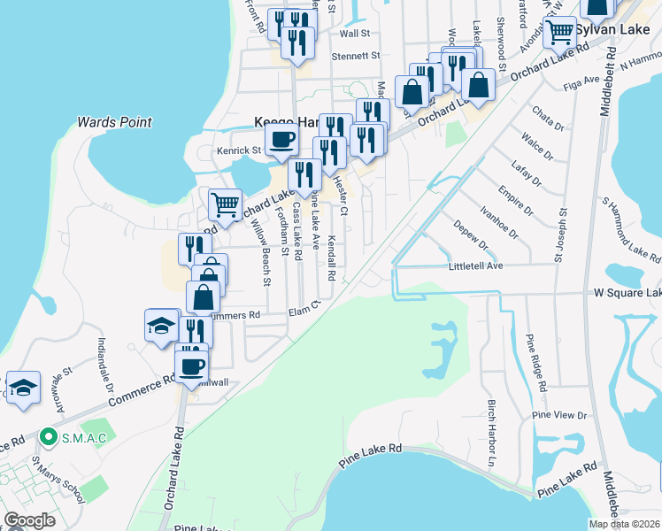 map of restaurants, bars, coffee shops, grocery stores, and more near 2437 Kleist Court in Keego Harbor