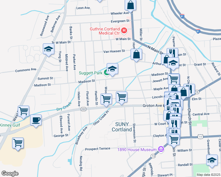 map of restaurants, bars, coffee shops, grocery stores, and more near 102 Maple Ave in Cortland