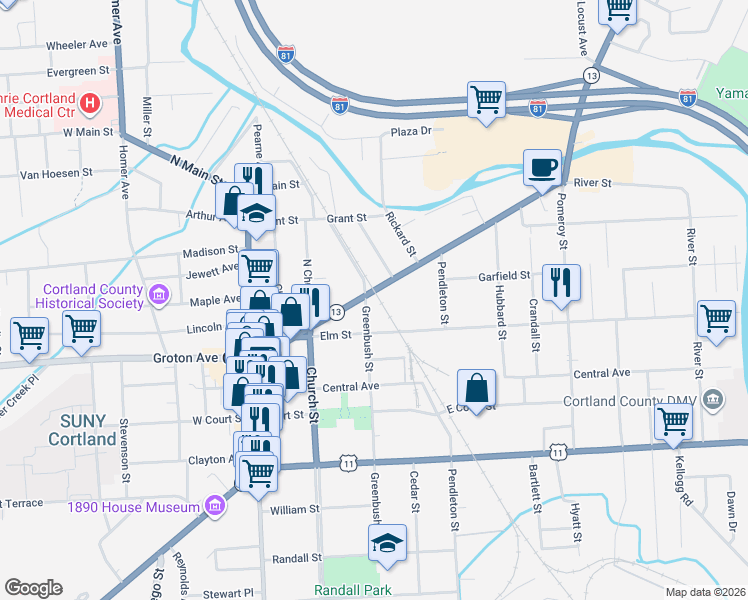 map of restaurants, bars, coffee shops, grocery stores, and more near 67 Clinton Avenue in Cortland
