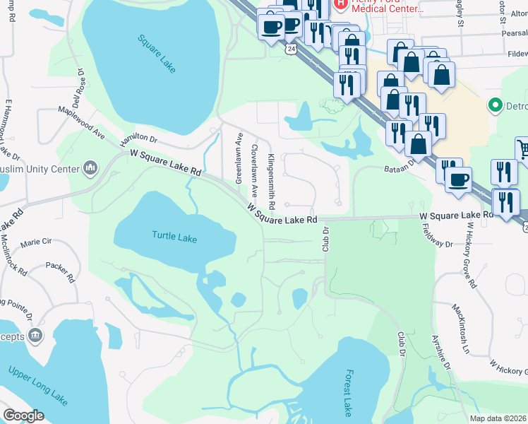 map of restaurants, bars, coffee shops, grocery stores, and more near 2390 Klingensmith Road in Bloomfield Hills