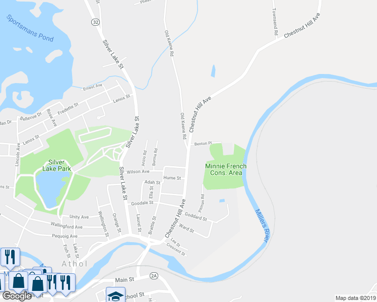 map of restaurants, bars, coffee shops, grocery stores, and more near 0 Old Keene Road in Athol