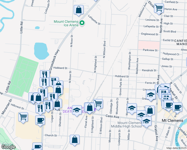 map of restaurants, bars, coffee shops, grocery stores, and more near 183 Hubbard Street in Mount Clemens