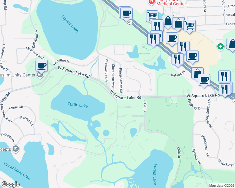 map of restaurants, bars, coffee shops, grocery stores, and more near 2390 Klingensmith Road in Bloomfield Hills