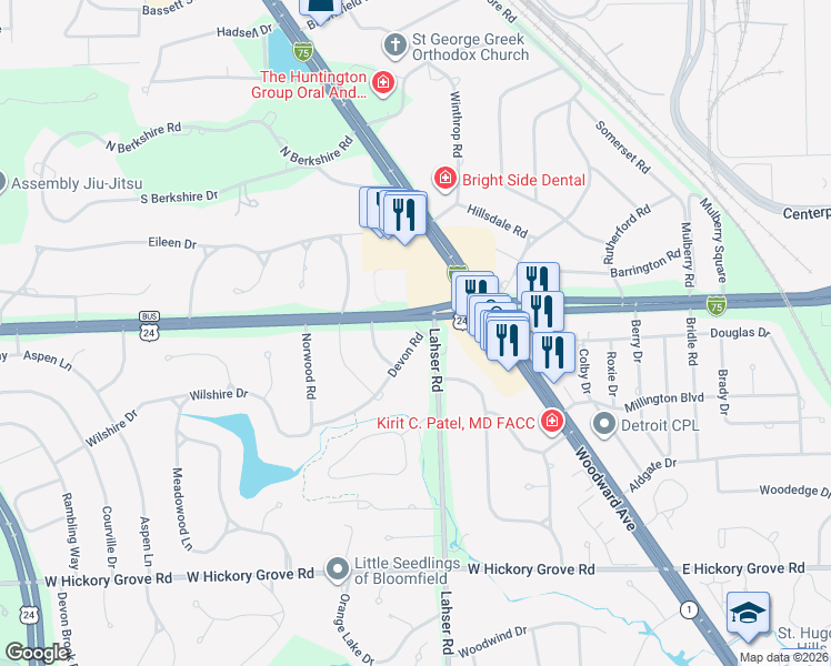 map of restaurants, bars, coffee shops, grocery stores, and more near 60 Devon Road in Bloomfield Township