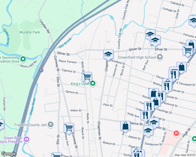 map of restaurants, bars, coffee shops, grocery stores, and more near 350 Chapman Street in Greenfield