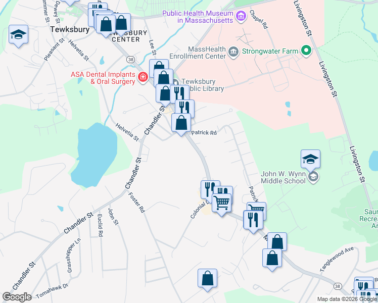 map of restaurants, bars, coffee shops, grocery stores, and more near 1351 Main Street in Tewksbury