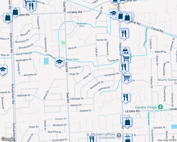 map of restaurants, bars, coffee shops, grocery stores, and more near 41827 Vanderbilt Drive in Sterling Heights