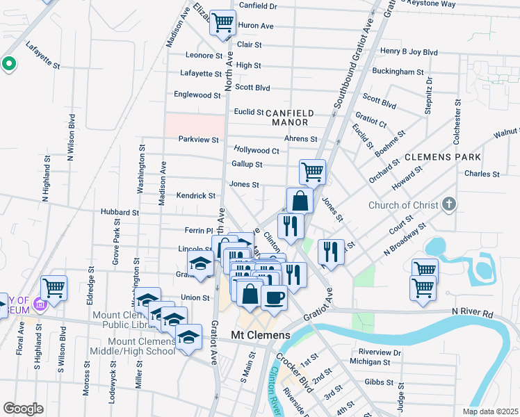 map of restaurants, bars, coffee shops, grocery stores, and more near 11 Stapleton Street in Mount Clemens