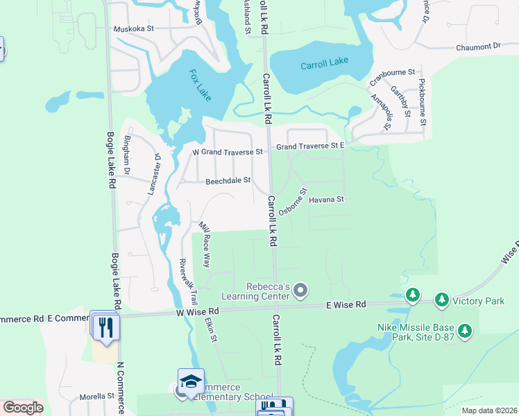 map of restaurants, bars, coffee shops, grocery stores, and more near 141 Beechdale Street in Commerce Charter Township