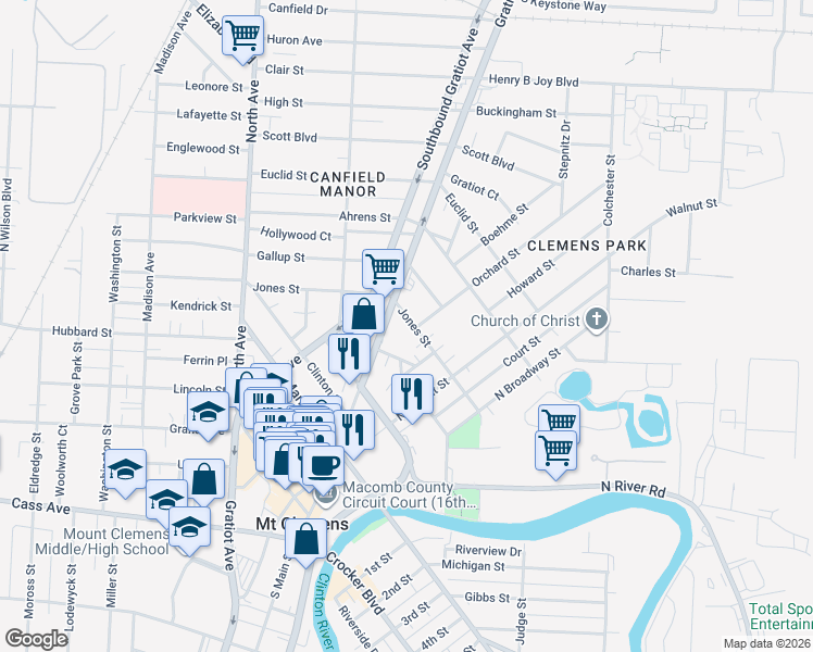 map of restaurants, bars, coffee shops, grocery stores, and more near 124 Jones Street in Mount Clemens