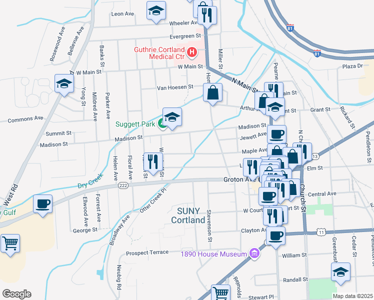 map of restaurants, bars, coffee shops, grocery stores, and more near 86 Maple Ave in Cortland