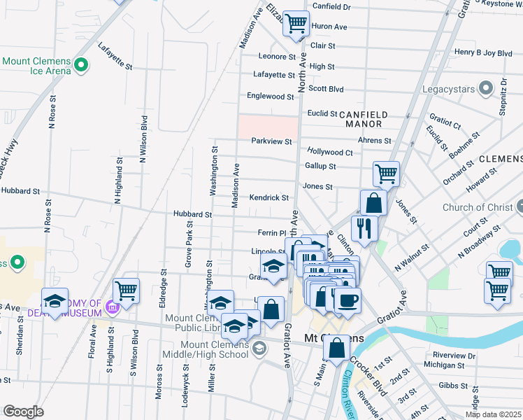 map of restaurants, bars, coffee shops, grocery stores, and more near 38 Hubbard Street in Mount Clemens