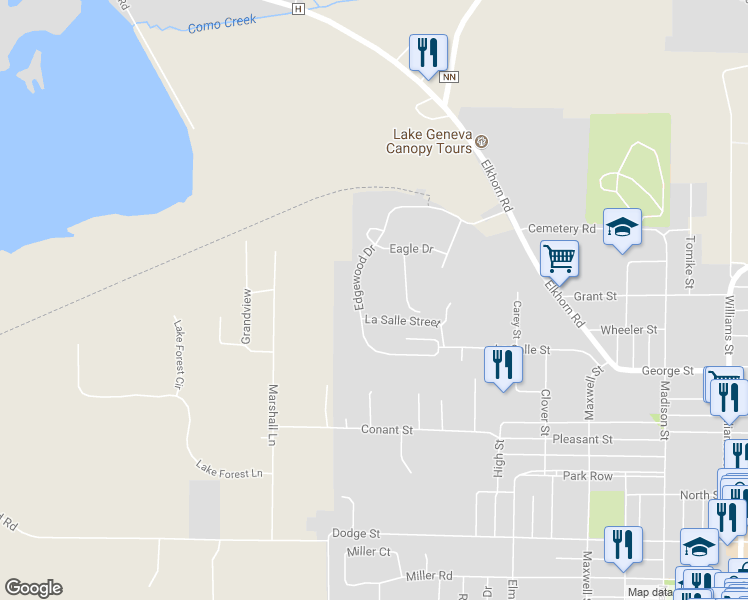 map of restaurants, bars, coffee shops, grocery stores, and more near 1185 Edgewood Drive in Lake Geneva