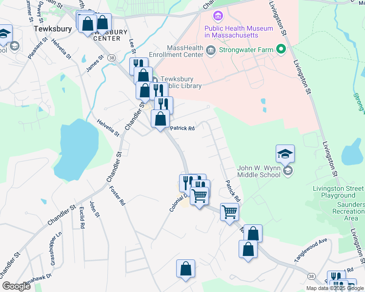 map of restaurants, bars, coffee shops, grocery stores, and more near 1360 Massachusetts 38 in Tewksbury