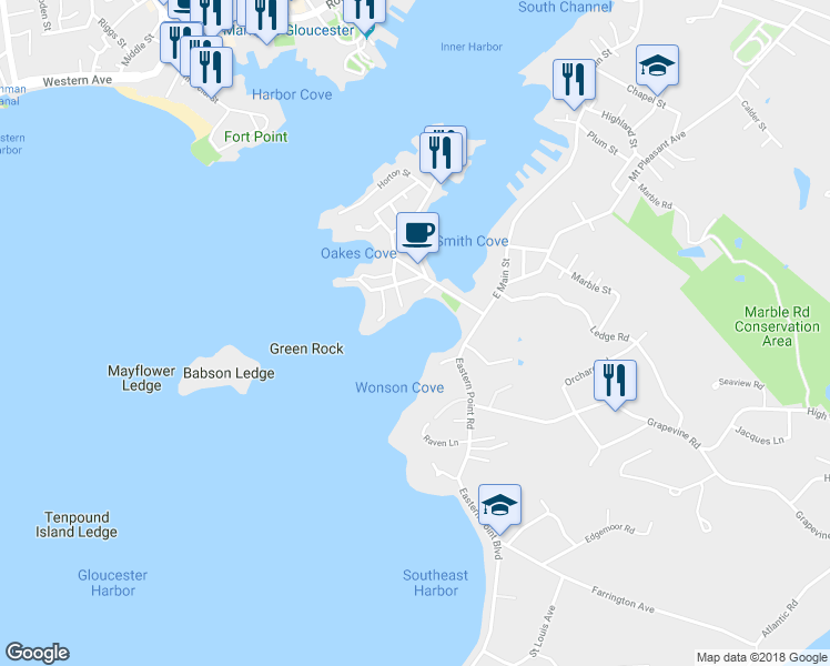 map of restaurants, bars, coffee shops, grocery stores, and more near 19 Rackliffe Street in Gloucester
