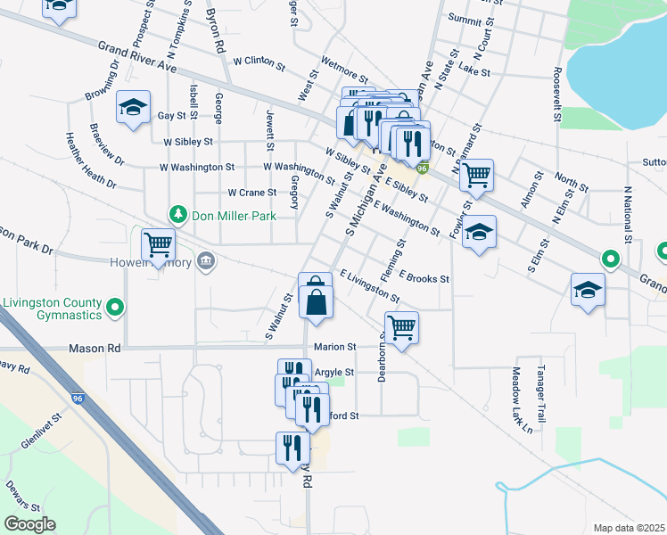 map of restaurants, bars, coffee shops, grocery stores, and more near 16 East Livingston Street in Howell