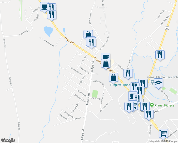 map of restaurants, bars, coffee shops, grocery stores, and more near 4 Virginia Avenue in Rensselaer