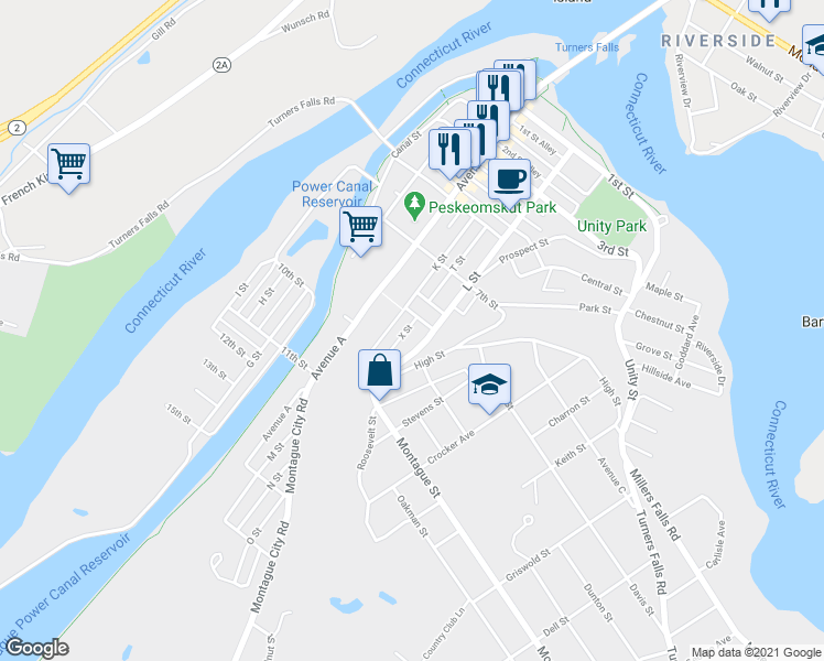 map of restaurants, bars, coffee shops, grocery stores, and more near 30 X Street in Montague