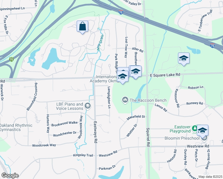 map of restaurants, bars, coffee shops, grocery stores, and more near 2643 Lamplighter Lane in Bloomfield Hills