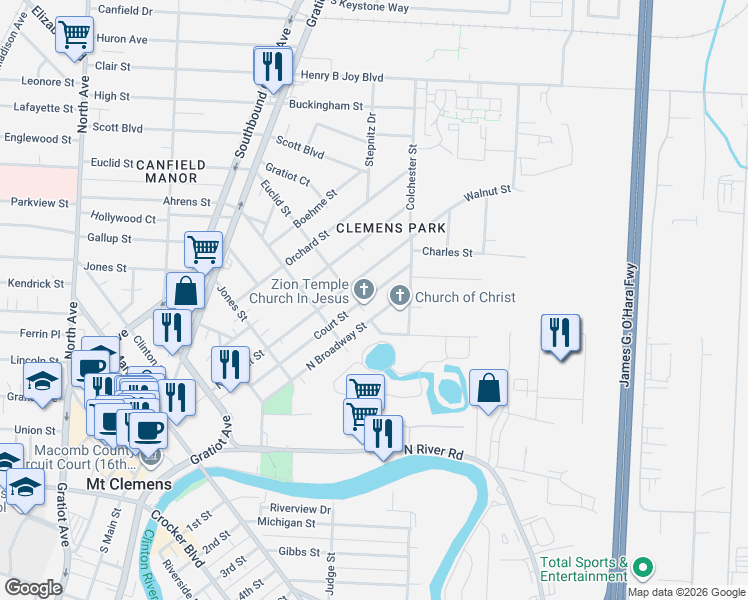 map of restaurants, bars, coffee shops, grocery stores, and more near 220 Court Street in Mount Clemens