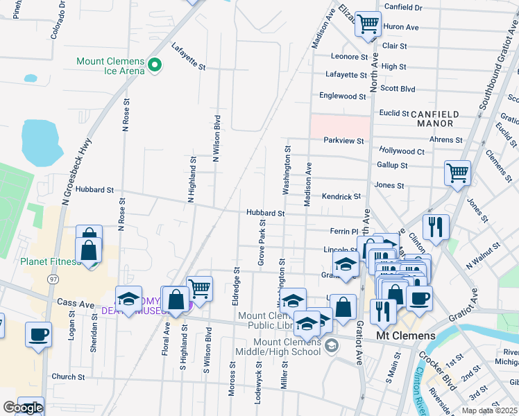 map of restaurants, bars, coffee shops, grocery stores, and more near 114 Hubbard Street in Mount Clemens