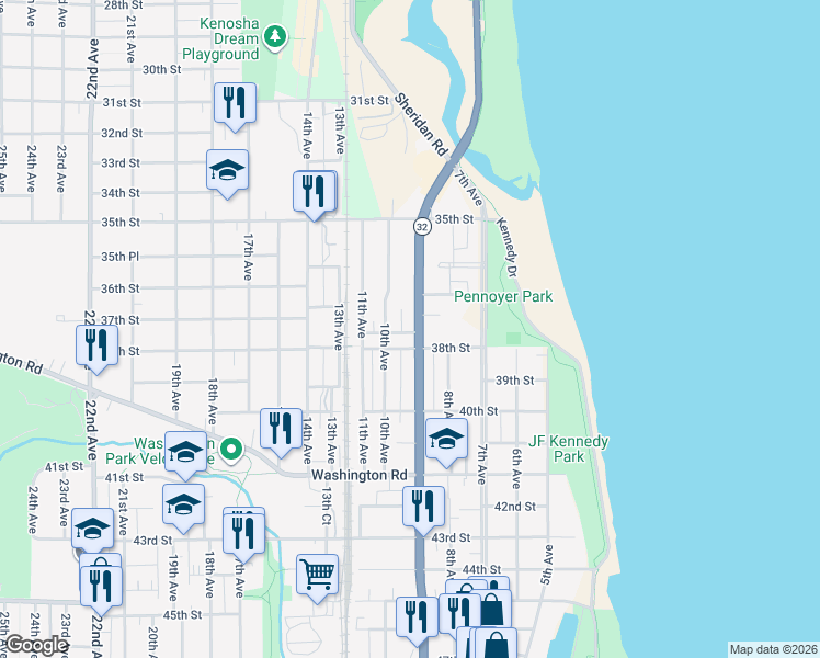 map of restaurants, bars, coffee shops, grocery stores, and more near 3712 Sheridan Road in Kenosha