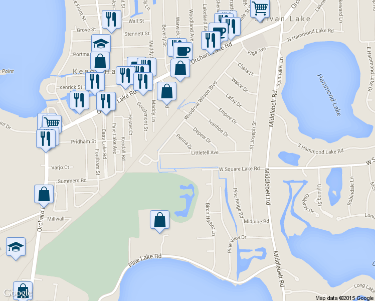 map of restaurants, bars, coffee shops, grocery stores, and more near 2642 Littletell Avenue in West Bloomfield Township