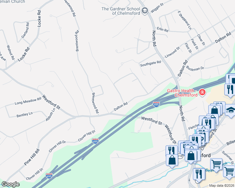 map of restaurants, bars, coffee shops, grocery stores, and more near 10 Hornbeam Hill Road in Chelmsford