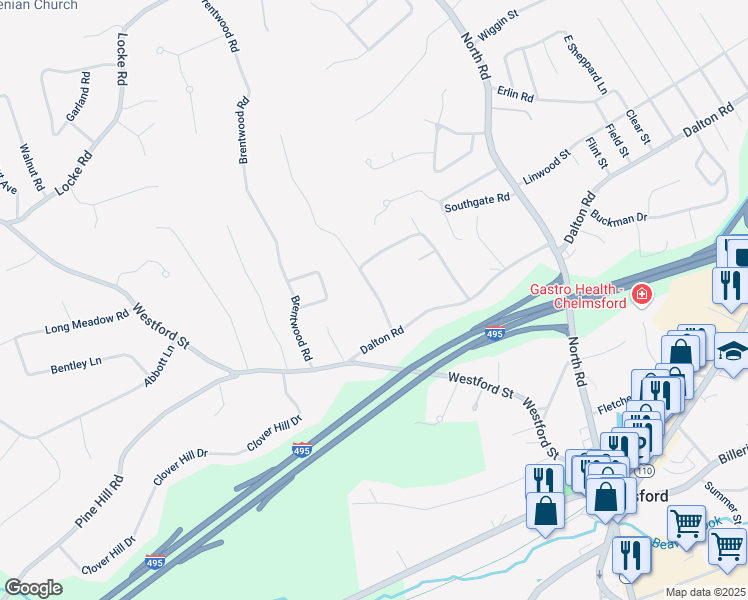 map of restaurants, bars, coffee shops, grocery stores, and more near 10 Hornbeam Hill Road in Chelmsford