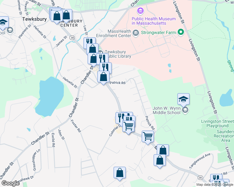 map of restaurants, bars, coffee shops, grocery stores, and more near 1360 Massachusetts 38 in Tewksbury