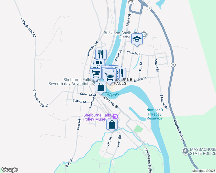 map of restaurants, bars, coffee shops, grocery stores, and more near 1 Memorial Drive in Shelburne Falls