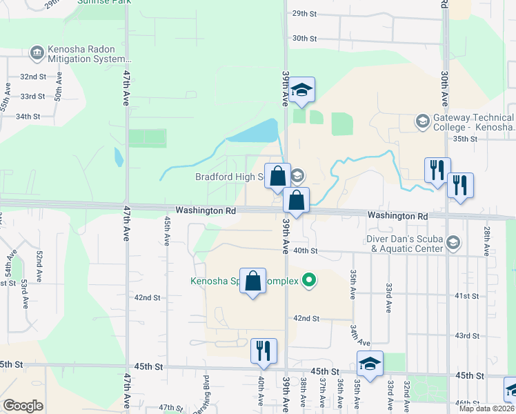 map of restaurants, bars, coffee shops, grocery stores, and more near 4303 39th Avenue in Kenosha