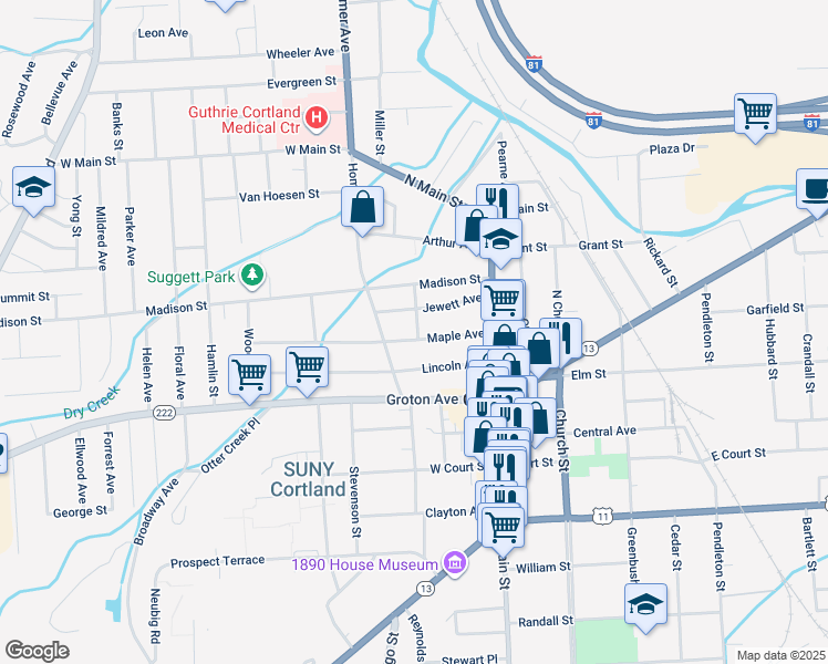map of restaurants, bars, coffee shops, grocery stores, and more near 42 Maple Avenue in Cortland