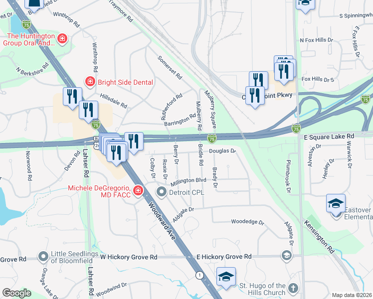 map of restaurants, bars, coffee shops, grocery stores, and more near 131 Douglas Dr in Bloomfield Hills