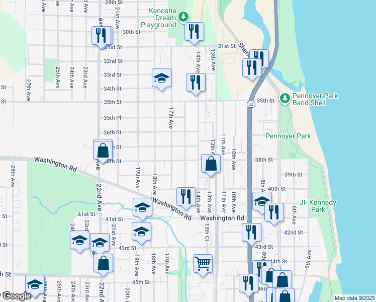 map of restaurants, bars, coffee shops, grocery stores, and more near 3709 16th Avenue in Kenosha