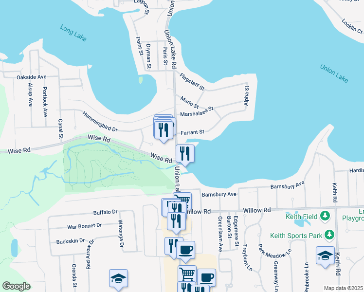 map of restaurants, bars, coffee shops, grocery stores, and more near 2261 Union Lake Road in Commerce Charter Township