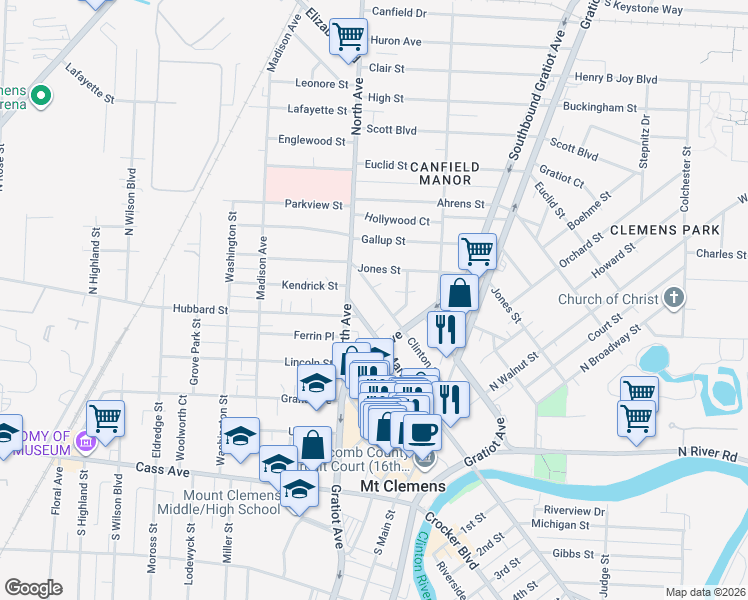 map of restaurants, bars, coffee shops, grocery stores, and more near 160 Market Street in Mount Clemens