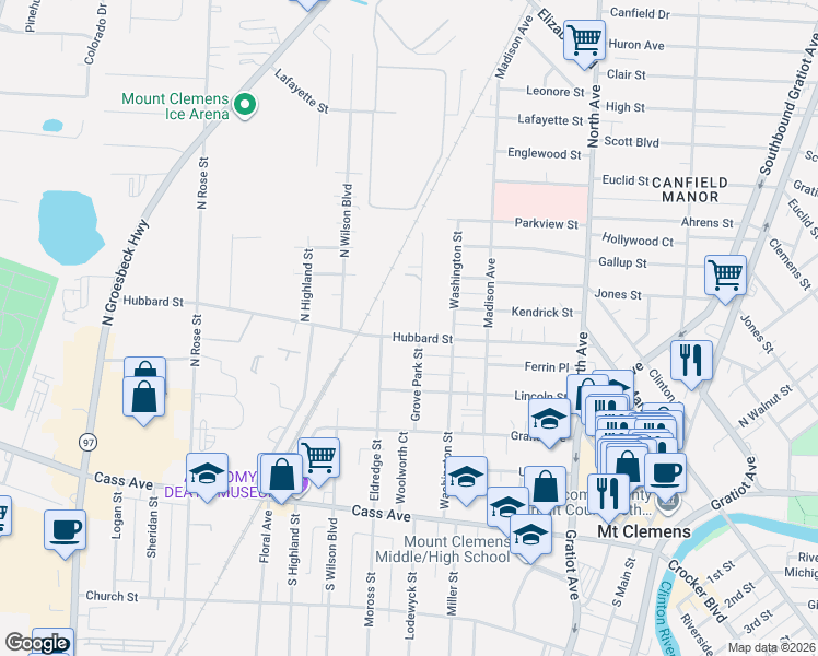 map of restaurants, bars, coffee shops, grocery stores, and more near 114 Hubbard Street in Mount Clemens